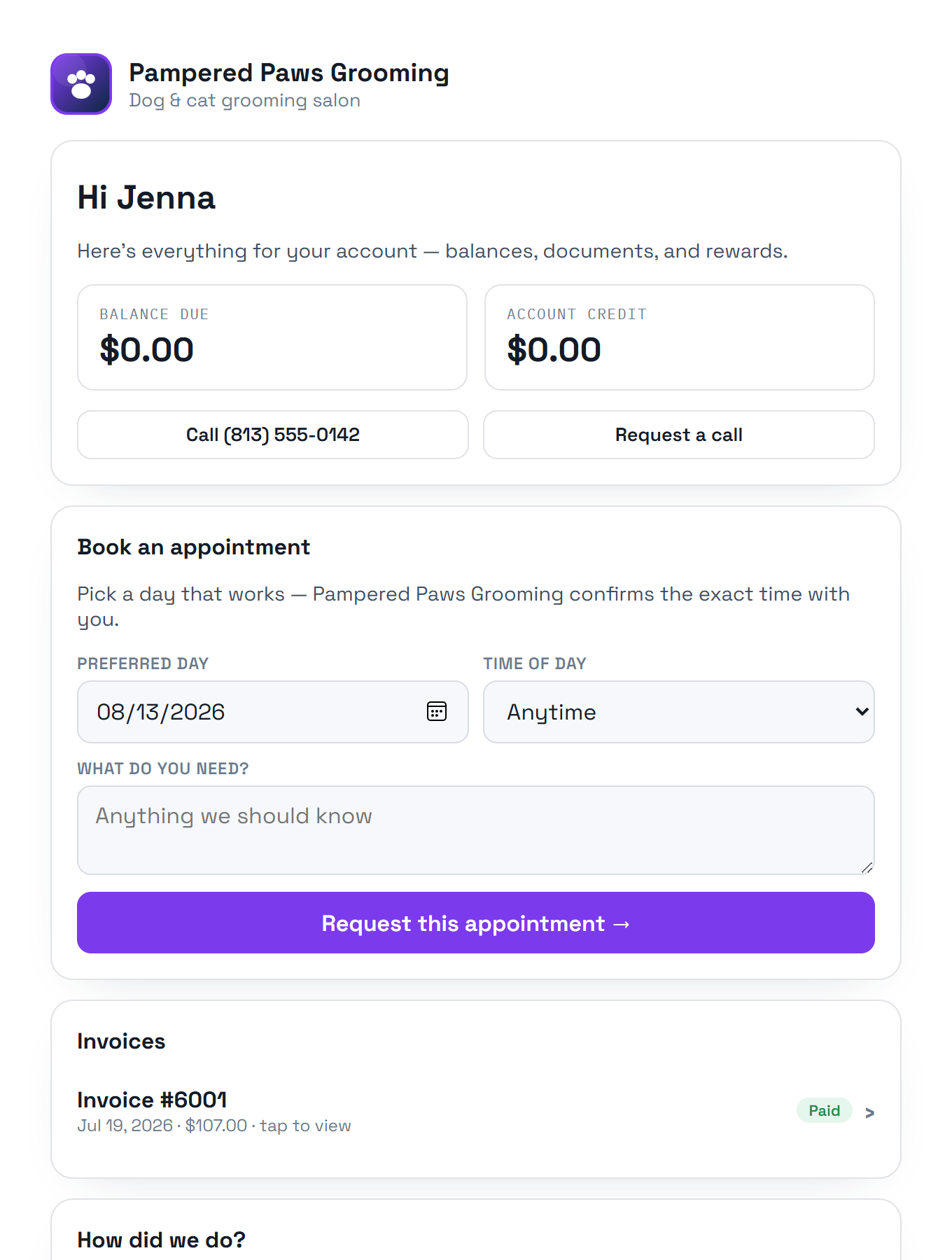 Branded Pack Command Center customer portal showing balance, booking form, invoices and contact buttons for a grooming salon