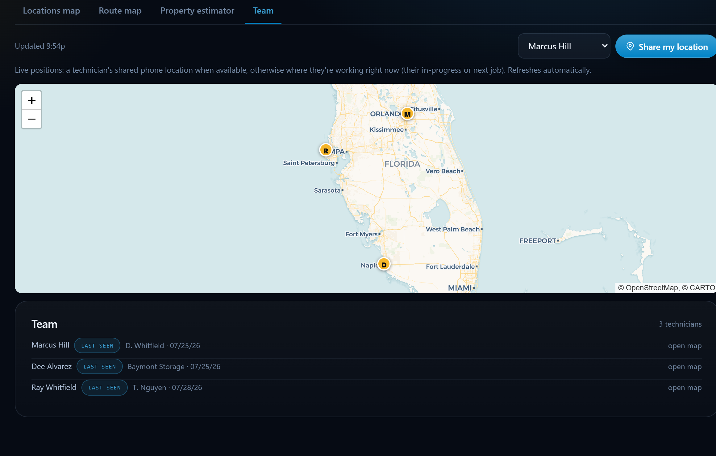 Pack Command Center live team map showing technician GPS positions across Florida with a team list of last-seen locations