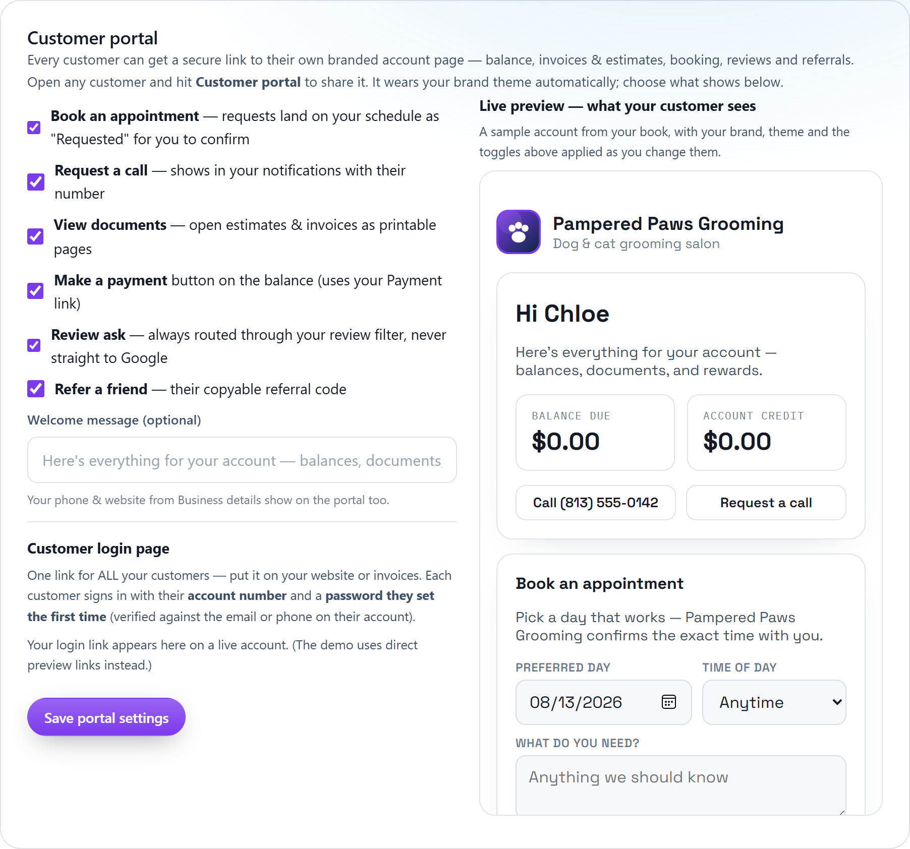 Customer portal settings in Pack Operations with visibility toggles and a live preview of the customer view