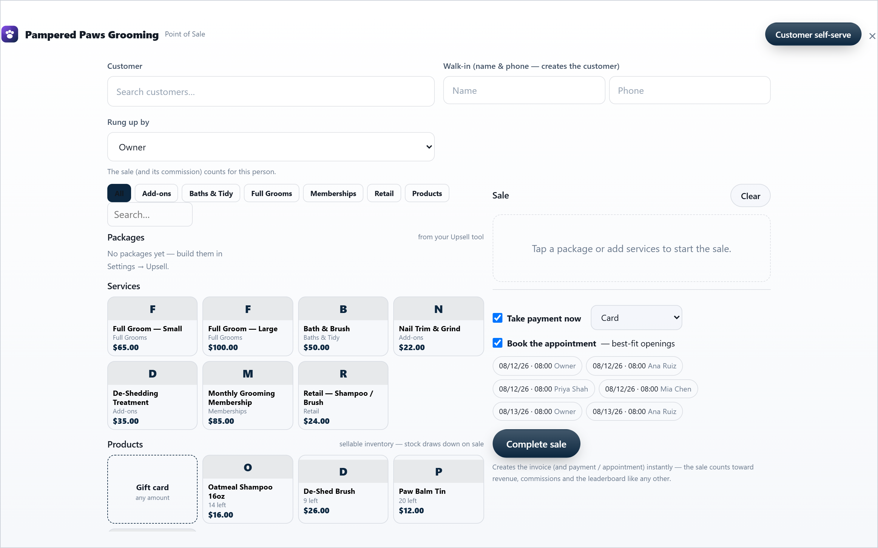 Pack Command Center point-of-sale register showing service tiles, packages, sellable inventory, payment and appointment booking for a grooming salon