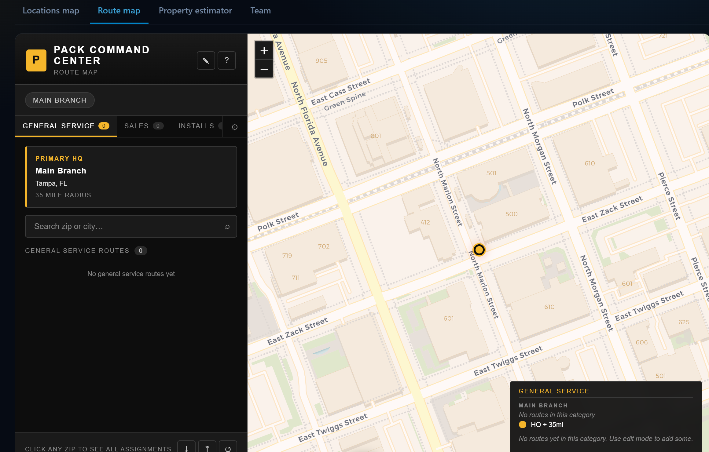 Pack Command Center route builder showing a branded territory map with branch HQ, service radius and route categories over a street map