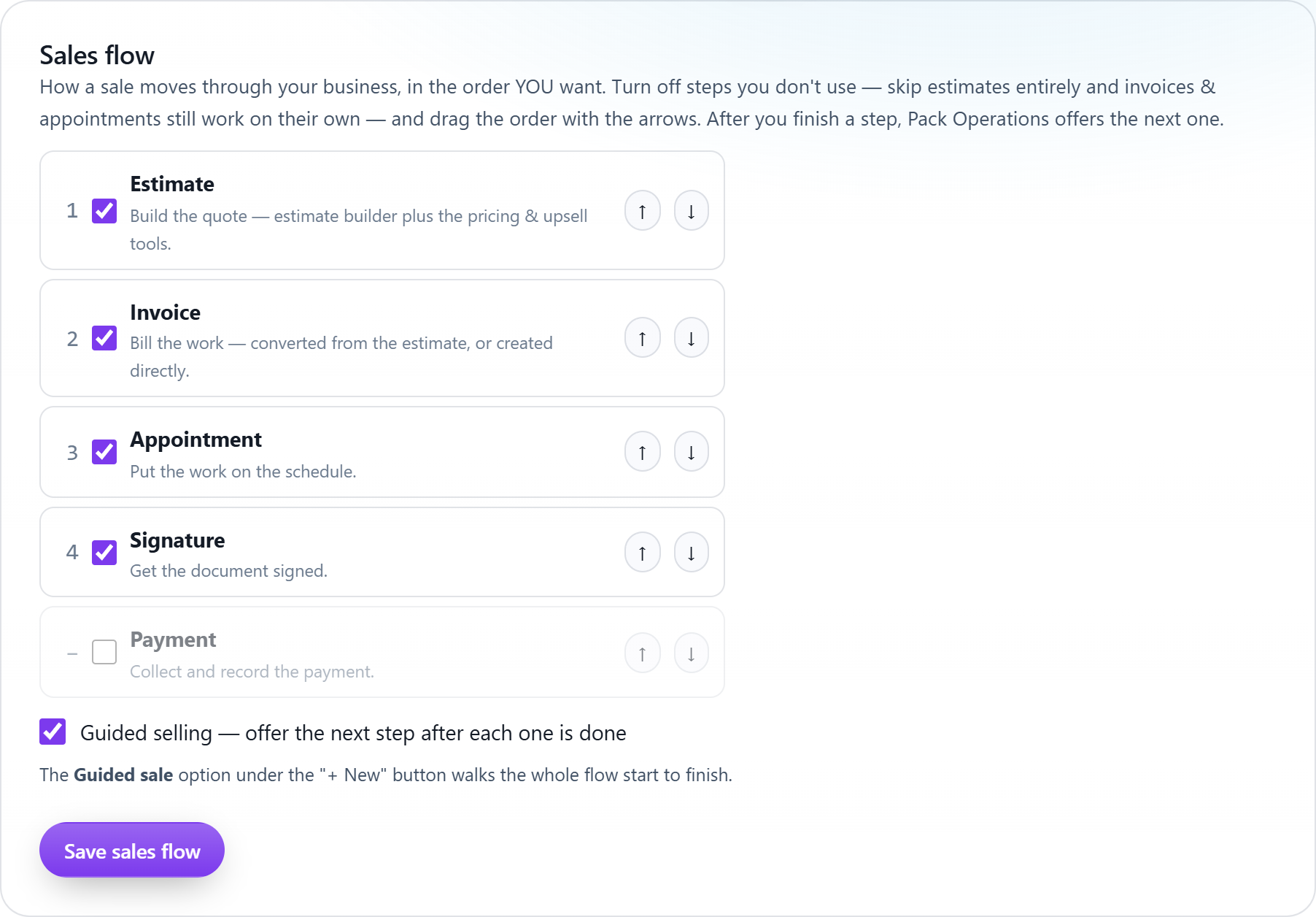 Pack Command Center sales flow settings showing reorderable steps — estimate, invoice, appointment, signature, payment — with guided selling enabled